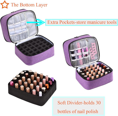 Nail Polish Organizer Holds 35 Bottles & Nail Lamp, Nail Organizers and Storage, Double Layer Nail Bag with Handle & Shoulder Strap for Travel, Nail Supplies Organizer for Manicure Kit (Black)