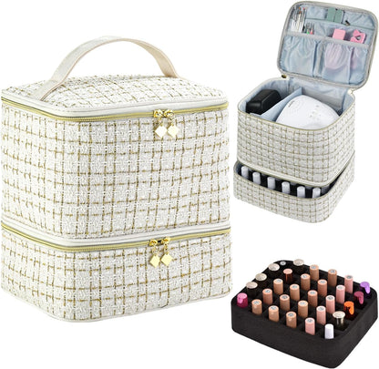 Nail Polish Organizer Holds 35 Bottles & Nail Lamp, Nail Organizers and Storage, Double Layer Nail Bag with Handle & Shoulder Strap for Travel, Nail Supplies Organizer for Manicure Kit (Black)