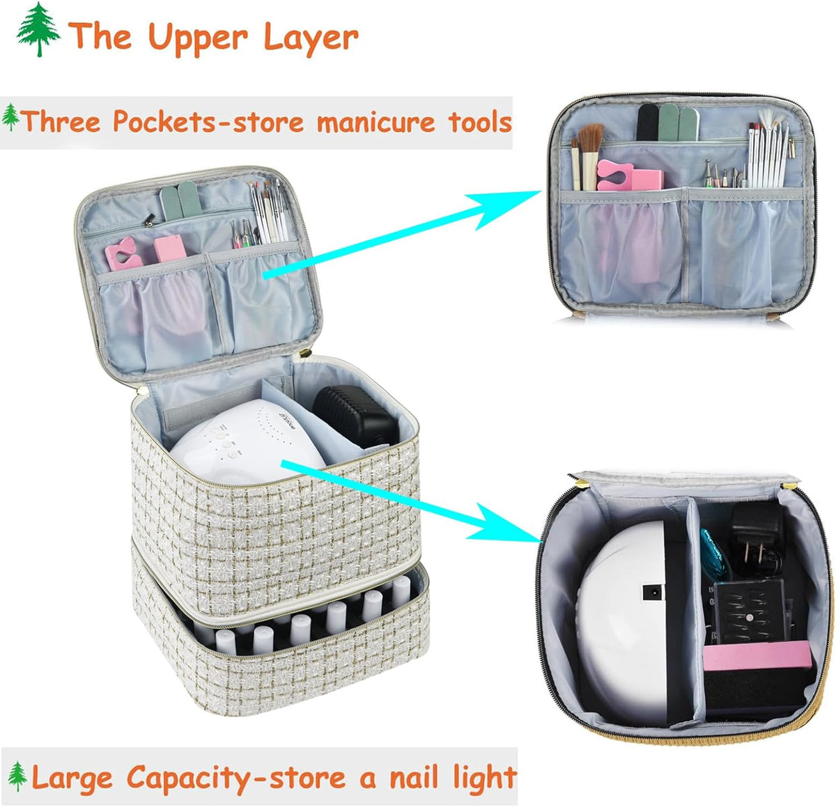 Nail Polish Organizer Holds 35 Bottles & Nail Lamp, Nail Organizers and Storage, Double Layer Nail Bag with Handle & Shoulder Strap for Travel, Nail Supplies Organizer for Manicure Kit (Black)