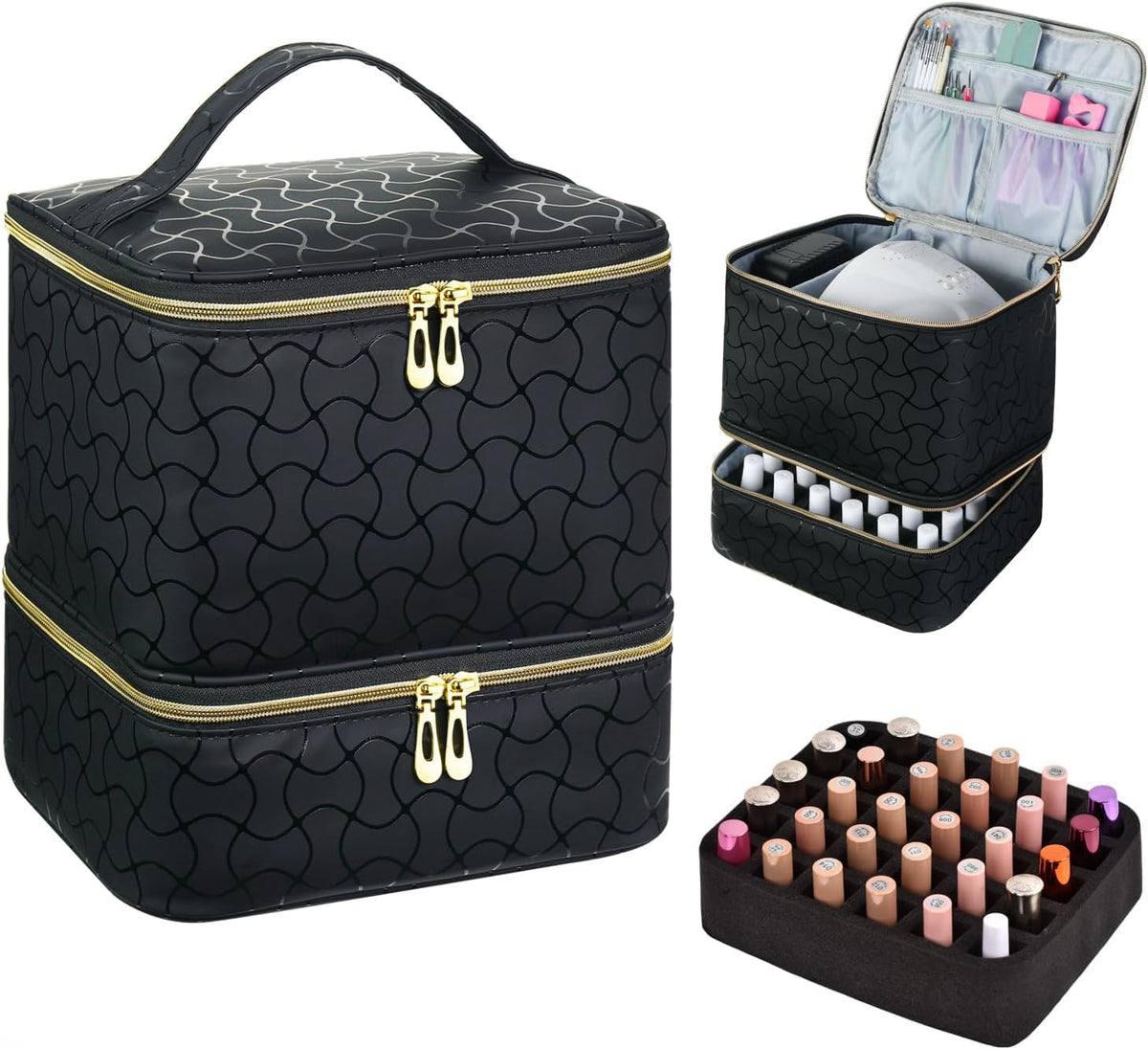 Nail Polish Organizer Holds 35 Bottles & Nail Lamp, Nail Organizers and Storage, Double Layer Nail Bag with Handle & Shoulder Strap for Travel, Nail Supplies Organizer for Manicure Kit (Black)