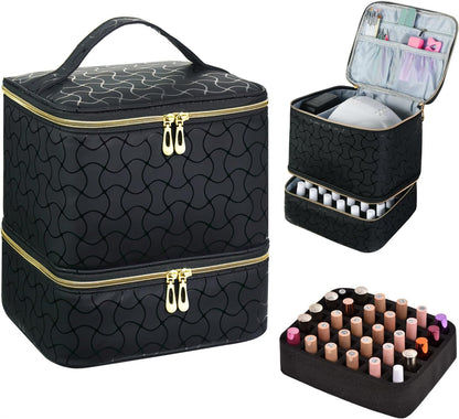 Nail Polish Organizer Holds 35 Bottles & Nail Lamp, Nail Organizers and Storage, Double Layer Nail Bag with Handle & Shoulder Strap for Travel, Nail Supplies Organizer for Manicure Kit (Black)
