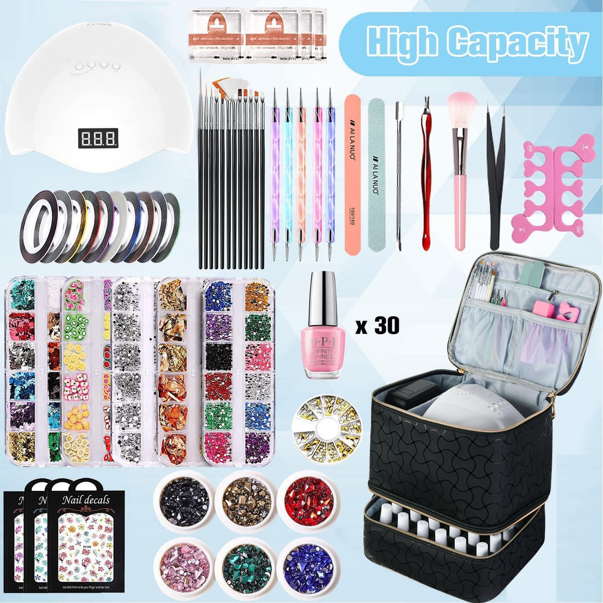 Nail Polish Organizer Holds 35 Bottles & Nail Lamp, Nail Organizers and Storage, Double Layer Nail Bag with Handle & Shoulder Strap for Travel, Nail Supplies Organizer for Manicure Kit (Black)