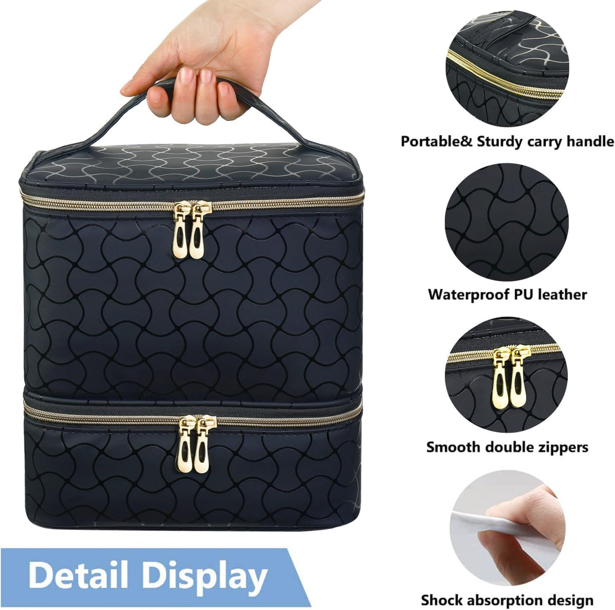 Nail Polish Organizer Holds 35 Bottles & Nail Lamp, Nail Organizers and Storage, Double Layer Nail Bag with Handle & Shoulder Strap for Travel, Nail Supplies Organizer for Manicure Kit (Black)