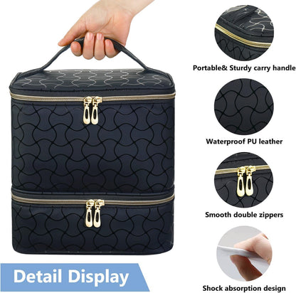 Nail Polish Organizer Holds 35 Bottles & Nail Lamp, Nail Organizers and Storage, Double Layer Nail Bag with Handle & Shoulder Strap for Travel, Nail Supplies Organizer for Manicure Kit (Black)