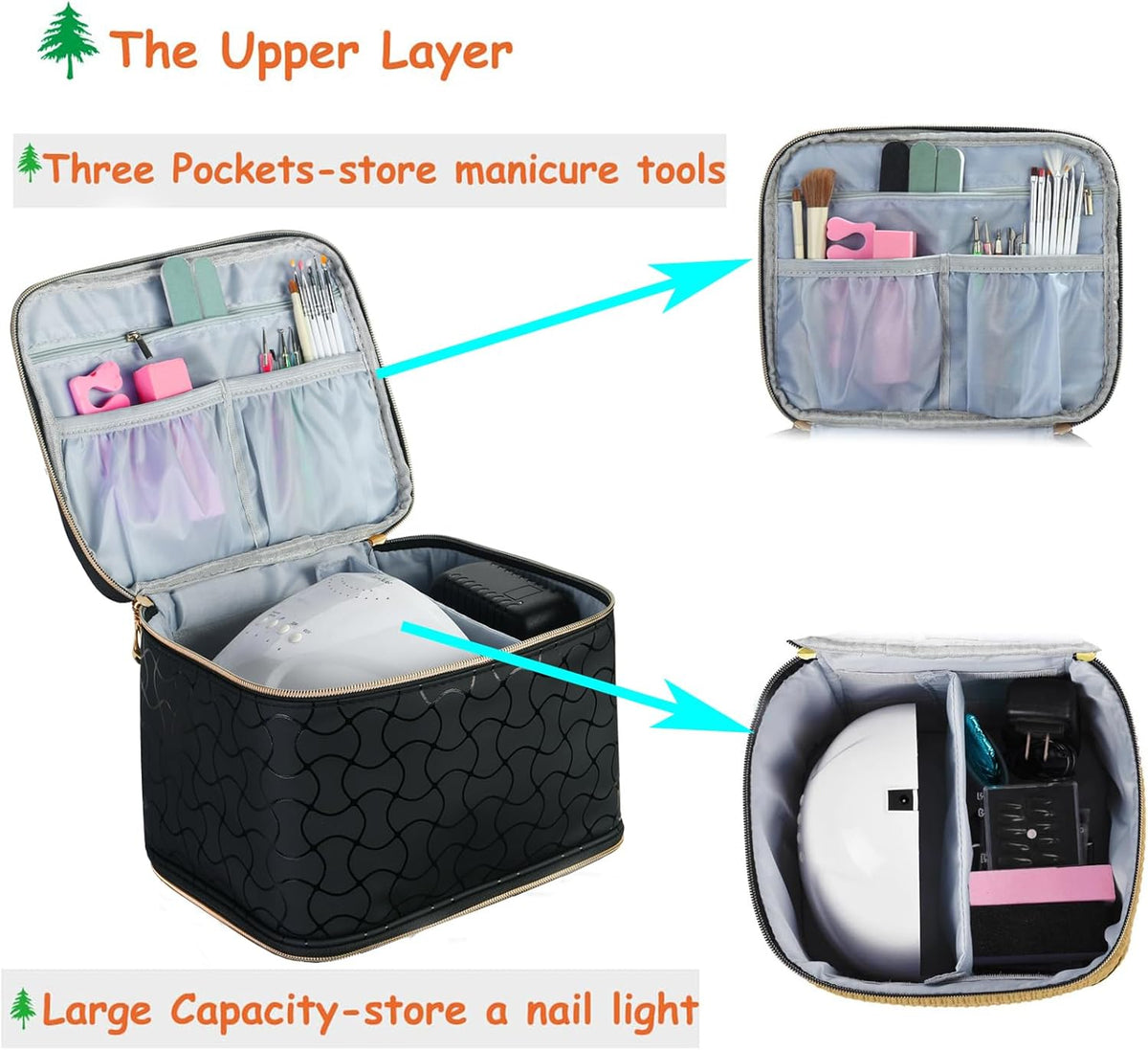 Nail Polish Organizer Holds 35 Bottles & Nail Lamp, Nail Organizers and Storage, Double Layer Nail Bag with Handle & Shoulder Strap for Travel, Nail Supplies Organizer for Manicure Kit (Black)