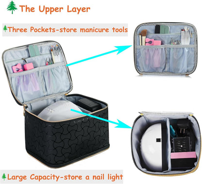 Nail Polish Organizer Holds 35 Bottles & Nail Lamp, Nail Organizers and Storage, Double Layer Nail Bag with Handle & Shoulder Strap for Travel, Nail Supplies Organizer for Manicure Kit (Black)