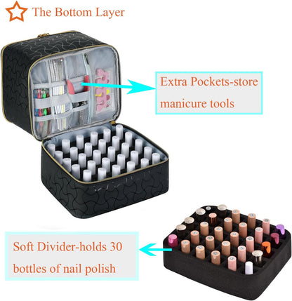Nail Polish Organizer Holds 35 Bottles & Nail Lamp, Nail Organizers and Storage, Double Layer Nail Bag with Handle & Shoulder Strap for Travel, Nail Supplies Organizer for Manicure Kit (Black)
