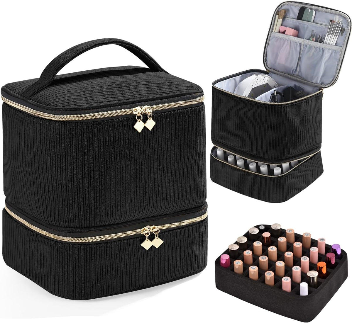 Nail Polish Organizer Holds 35 Bottles & Nail Lamp, Nail Organizers and Storage, Double Layer Nail Bag with Handle & Shoulder Strap for Travel, Nail Supplies Organizer for Manicure Kit (Black)