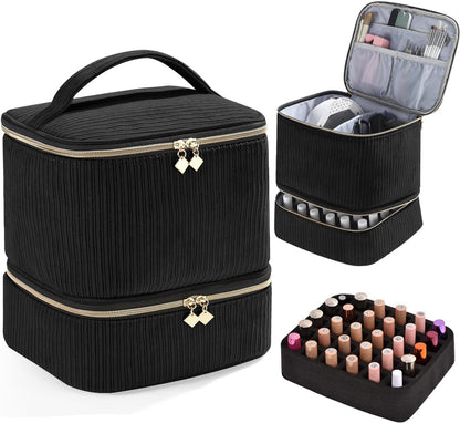 Nail Polish Organizer Holds 35 Bottles & Nail Lamp, Nail Organizers and Storage, Double Layer Nail Bag with Handle & Shoulder Strap for Travel, Nail Supplies Organizer for Manicure Kit (Black)