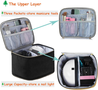 Nail Polish Organizer Holds 35 Bottles & Nail Lamp, Nail Organizers and Storage, Double Layer Nail Bag with Handle & Shoulder Strap for Travel, Nail Supplies Organizer for Manicure Kit (Black)