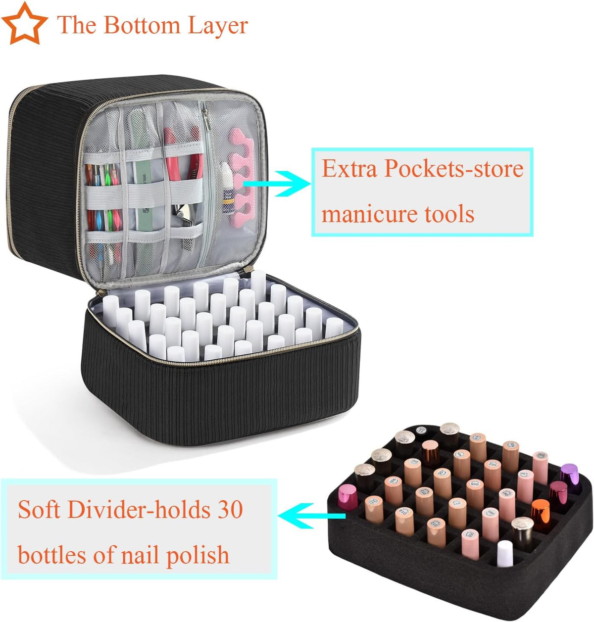 Nail Polish Organizer Holds 35 Bottles & Nail Lamp, Nail Organizers and Storage, Double Layer Nail Bag with Handle & Shoulder Strap for Travel, Nail Supplies Organizer for Manicure Kit (Black)