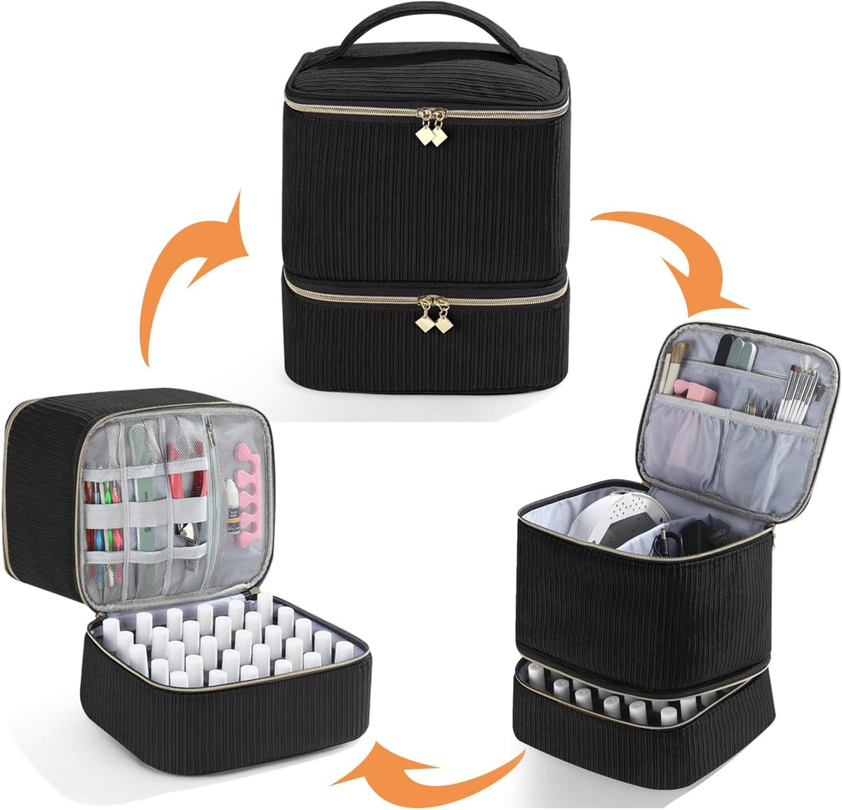 Nail Polish Organizer Holds 35 Bottles & Nail Lamp, Nail Organizers and Storage, Double Layer Nail Bag with Handle & Shoulder Strap for Travel, Nail Supplies Organizer for Manicure Kit (Black)