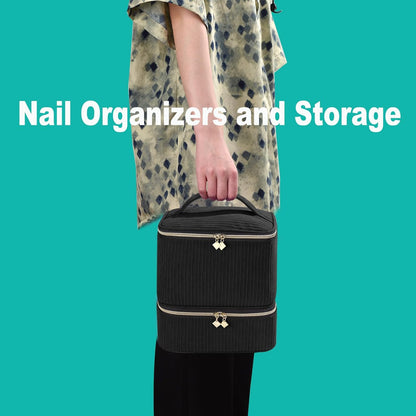 Nail Polish Organizer Holds 35 Bottles & Nail Lamp, Nail Organizers and Storage, Double Layer Nail Bag with Handle & Shoulder Strap for Travel, Nail Supplies Organizer for Manicure Kit (Black)