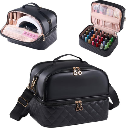 Nail Polish Organizer Holds 35 Bottles & Nail Lamp, Nail Organizers and Storage, Double Layer Nail Bag with Handle & Shoulder Strap for Travel, Nail Supplies Organizer for Manicure Kit (Black)