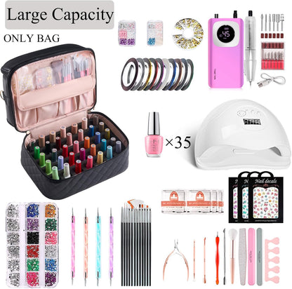 Nail Polish Organizer Holds 35 Bottles & Nail Lamp, Nail Organizers and Storage, Double Layer Nail Bag with Handle & Shoulder Strap for Travel, Nail Supplies Organizer for Manicure Kit (Black)