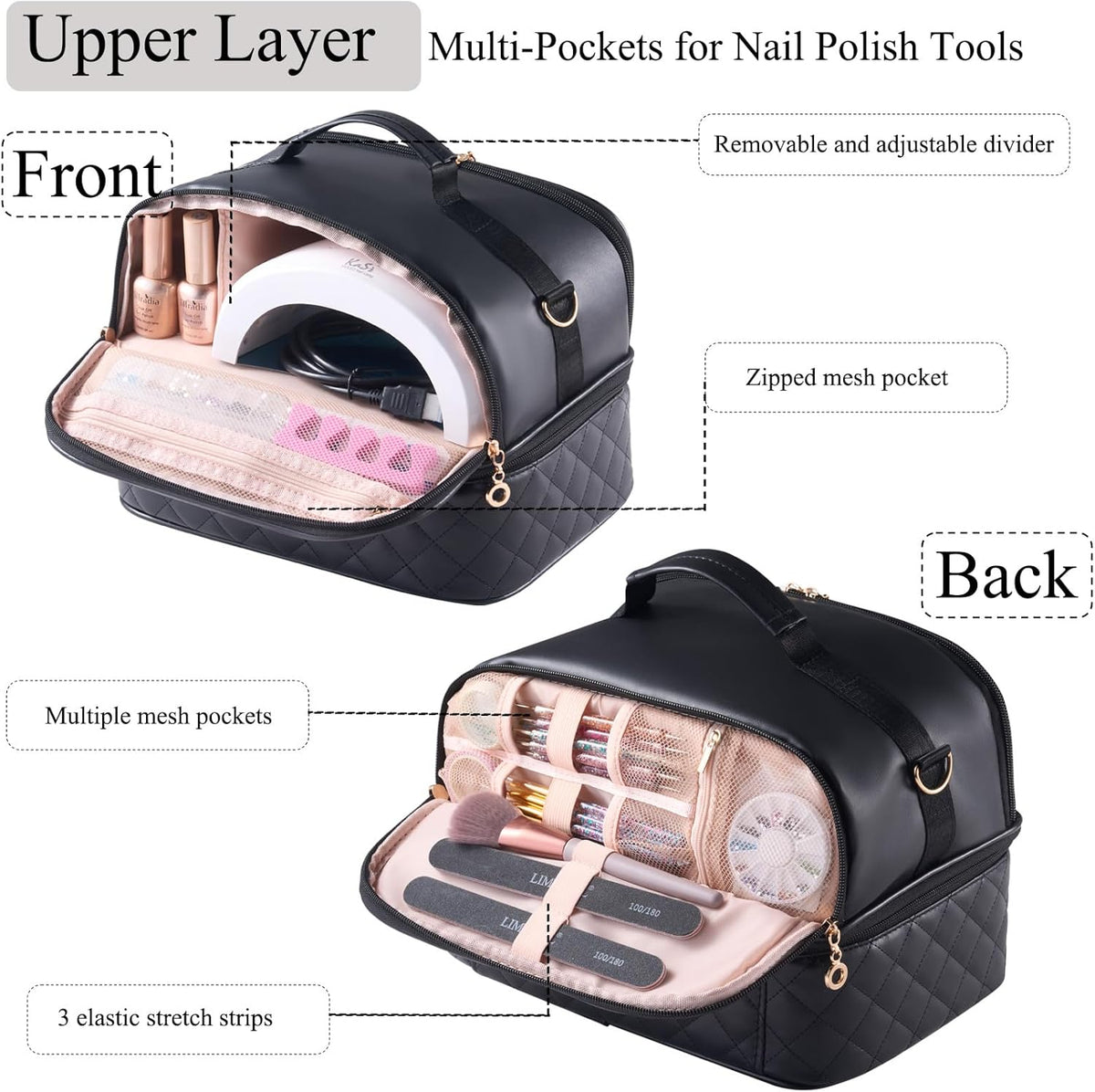 Nail Polish Organizer Holds 35 Bottles & Nail Lamp, Nail Organizers and Storage, Double Layer Nail Bag with Handle & Shoulder Strap for Travel, Nail Supplies Organizer for Manicure Kit (Black)