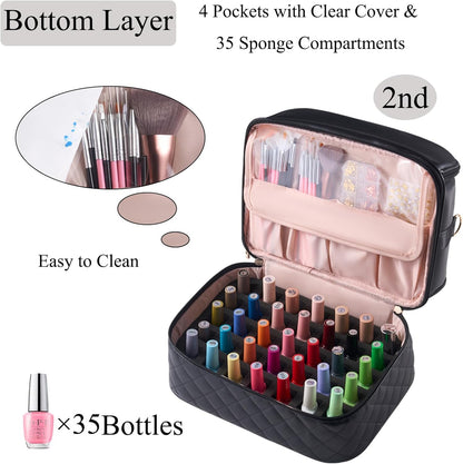 Nail Polish Organizer Holds 35 Bottles & Nail Lamp, Nail Organizers and Storage, Double Layer Nail Bag with Handle & Shoulder Strap for Travel, Nail Supplies Organizer for Manicure Kit (Black)