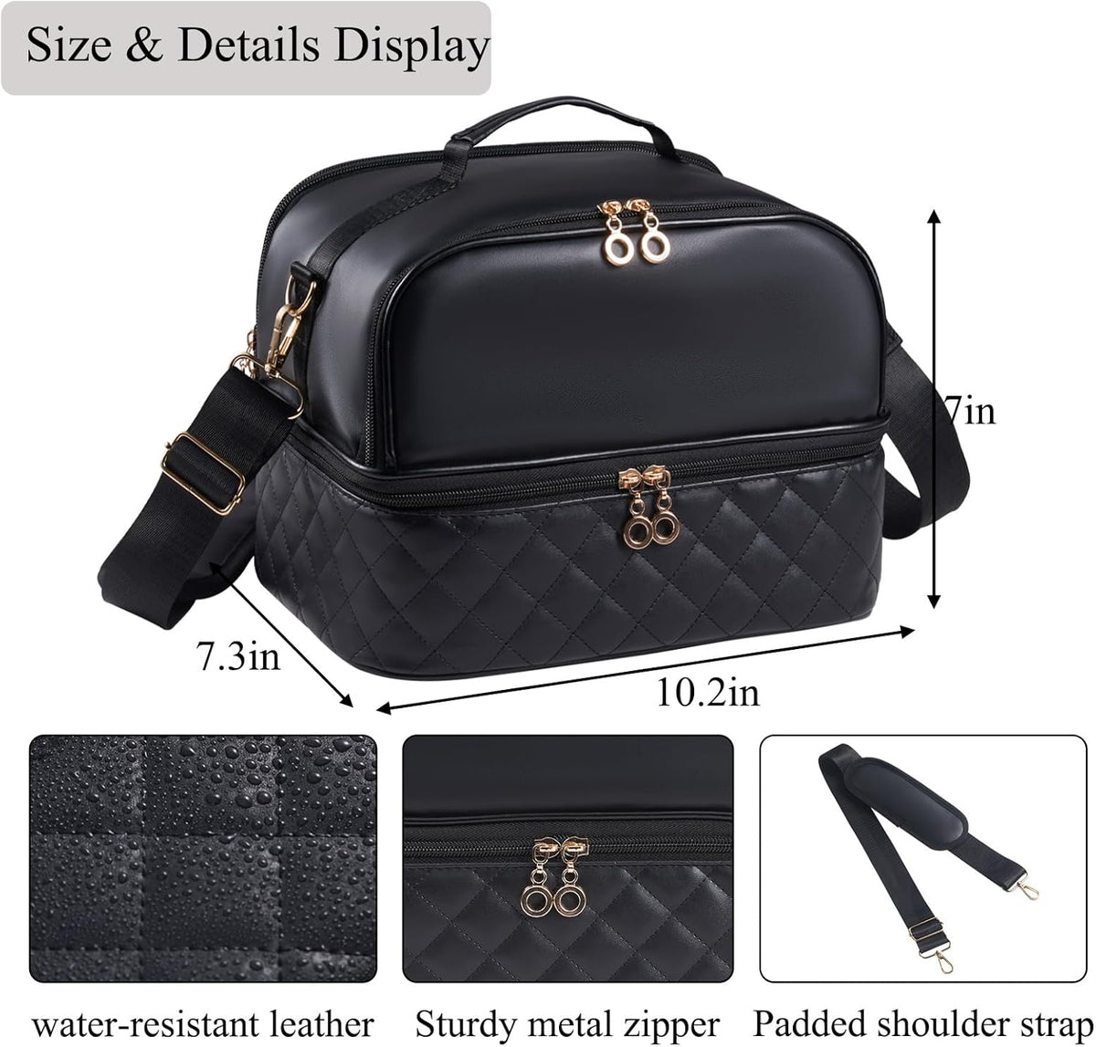 Nail Polish Organizer Holds 35 Bottles & Nail Lamp, Nail Organizers and Storage, Double Layer Nail Bag with Handle & Shoulder Strap for Travel, Nail Supplies Organizer for Manicure Kit (Black)