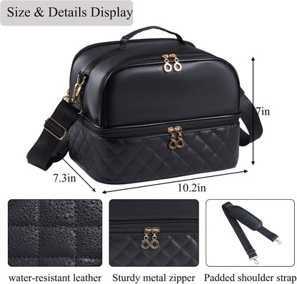 Nail Polish Organizer Holds 35 Bottles & Nail Lamp, Nail Organizers and Storage, Double Layer Nail Bag with Handle & Shoulder Strap for Travel, Nail Supplies Organizer for Manicure Kit (Black)