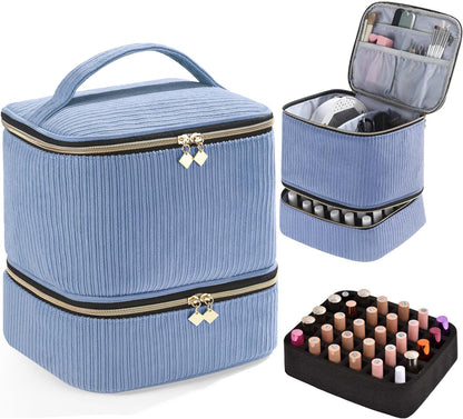 Nail Polish Organizer Holds 35 Bottles & Nail Lamp, Nail Organizers and Storage, Double Layer Nail Bag with Handle & Shoulder Strap for Travel, Nail Supplies Organizer for Manicure Kit (Black)