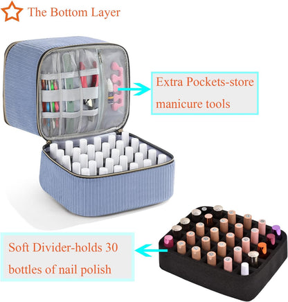 Nail Polish Organizer Holds 35 Bottles & Nail Lamp, Nail Organizers and Storage, Double Layer Nail Bag with Handle & Shoulder Strap for Travel, Nail Supplies Organizer for Manicure Kit (Black)