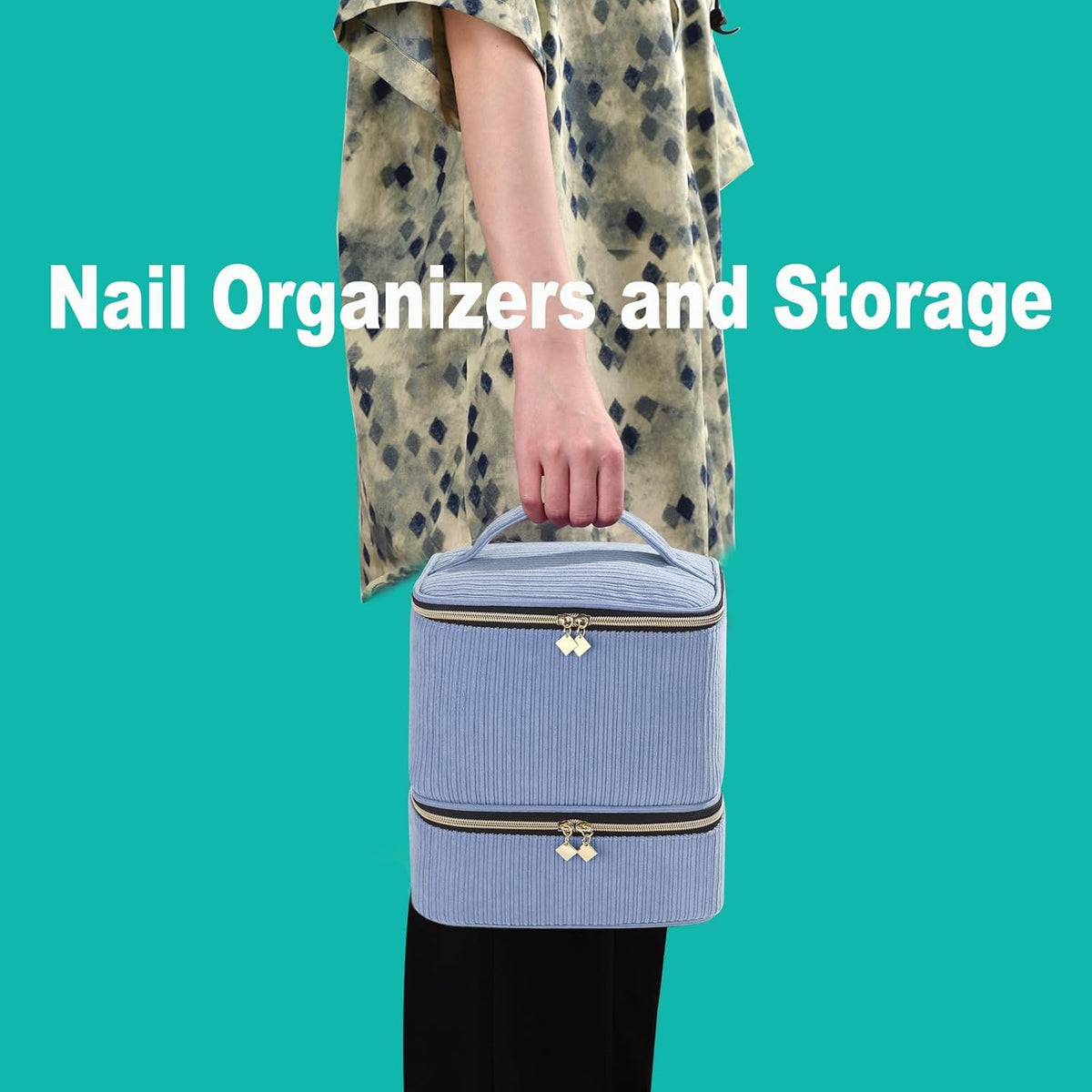 Nail Polish Organizer Holds 35 Bottles & Nail Lamp, Nail Organizers and Storage, Double Layer Nail Bag with Handle & Shoulder Strap for Travel, Nail Supplies Organizer for Manicure Kit (Black)