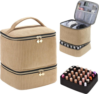 Nail Polish Organizer Holds 35 Bottles & Nail Lamp, Nail Organizers and Storage, Double Layer Nail Bag with Handle & Shoulder Strap for Travel, Nail Supplies Organizer for Manicure Kit (Black)