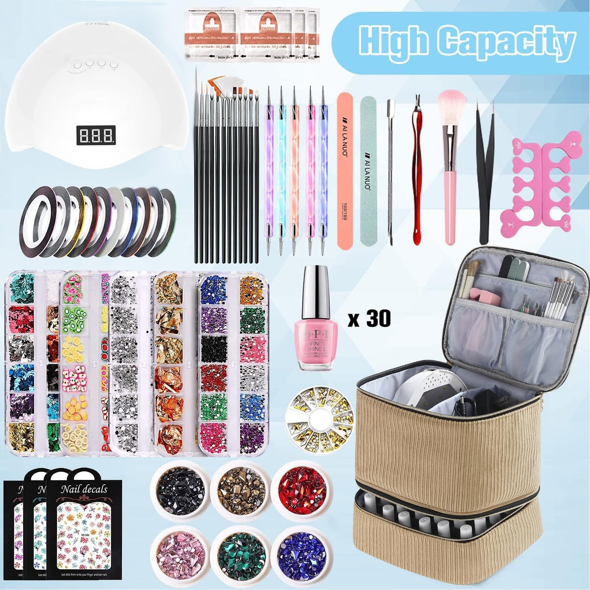 Nail Polish Organizer Holds 35 Bottles & Nail Lamp, Nail Organizers and Storage, Double Layer Nail Bag with Handle & Shoulder Strap for Travel, Nail Supplies Organizer for Manicure Kit (Black)