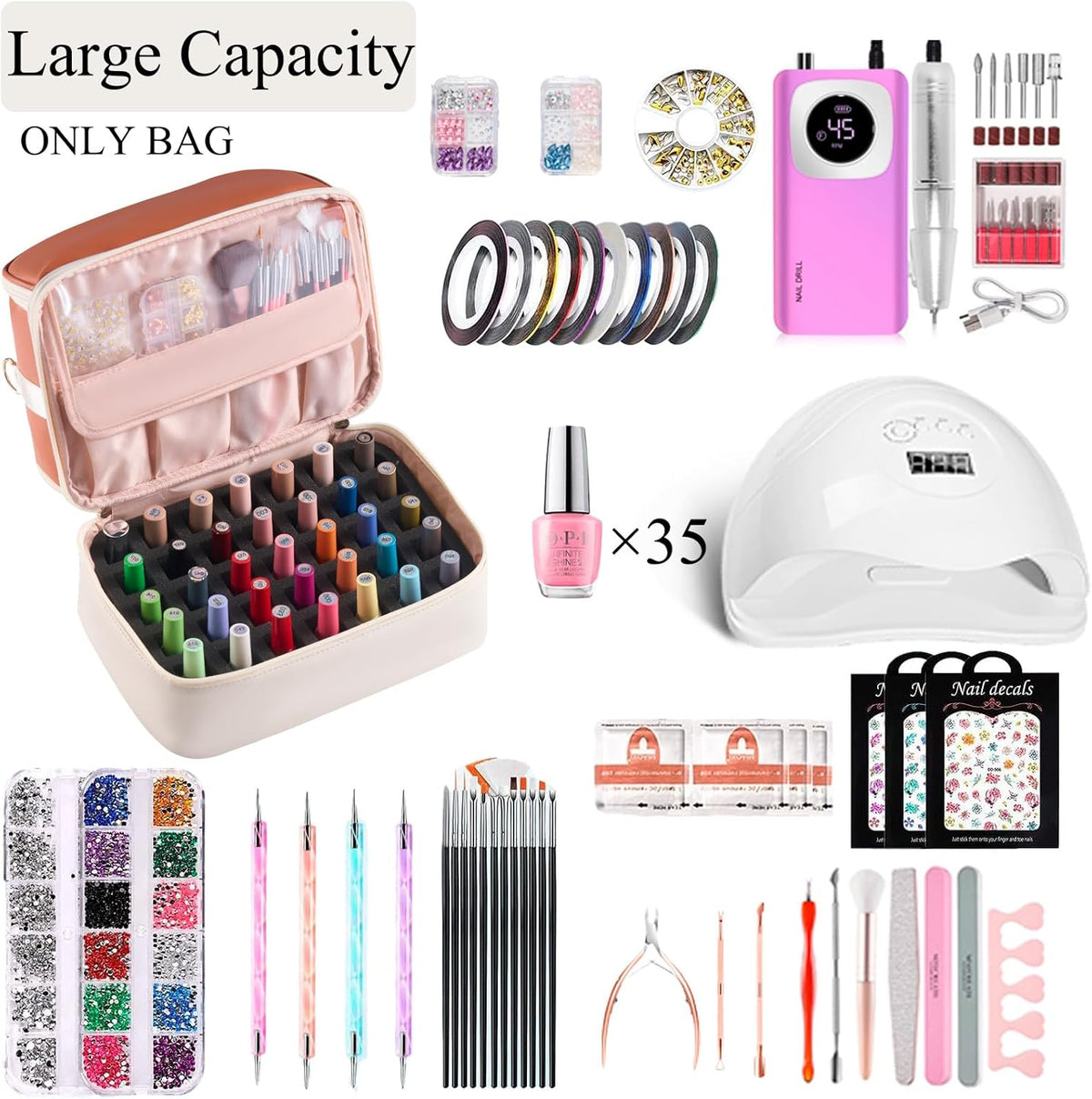 Nail Polish Organizer Holds 35 Bottles & Nail Lamp, Nail Organizers and Storage, Double Layer Nail Bag with Handle & Shoulder Strap for Travel, Nail Supplies Organizer for Manicure Kit (Black)