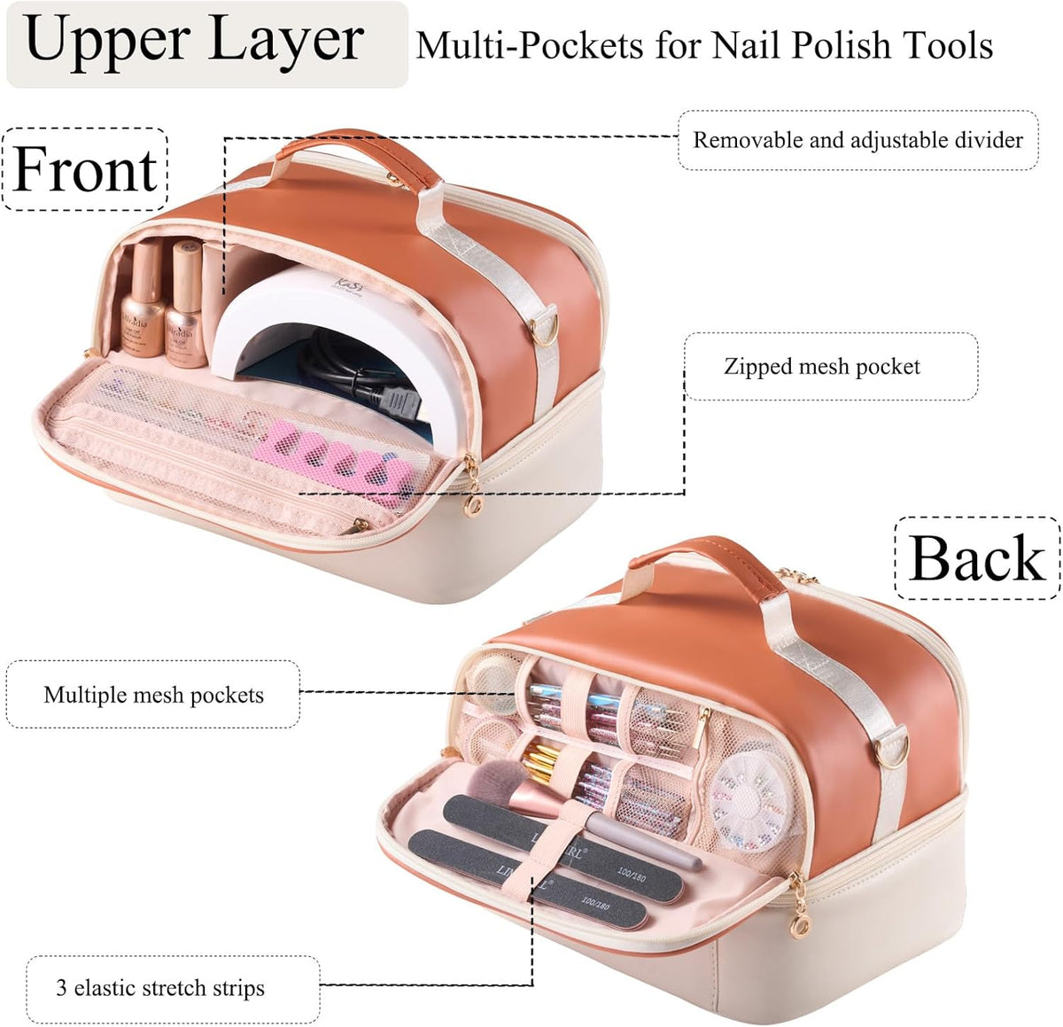 Nail Polish Organizer Holds 35 Bottles & Nail Lamp, Nail Organizers and Storage, Double Layer Nail Bag with Handle & Shoulder Strap for Travel, Nail Supplies Organizer for Manicure Kit (Black)