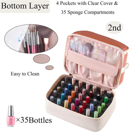 Nail Polish Organizer Holds 35 Bottles & Nail Lamp, Nail Organizers and Storage, Double Layer Nail Bag with Handle & Shoulder Strap for Travel, Nail Supplies Organizer for Manicure Kit (Black)
