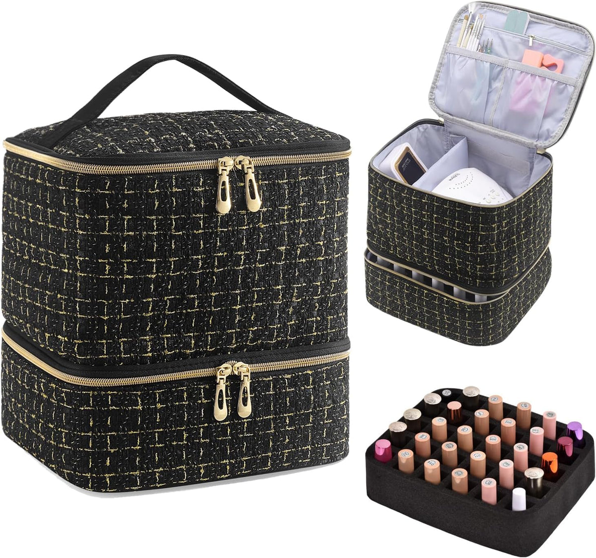Nail Polish Organizer Holds 35 Bottles & Nail Lamp, Nail Organizers and Storage, Double Layer Nail Bag with Handle & Shoulder Strap for Travel, Nail Supplies Organizer for Manicure Kit (Black)