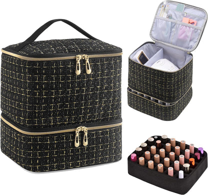 Nail Polish Organizer Holds 35 Bottles & Nail Lamp, Nail Organizers and Storage, Double Layer Nail Bag with Handle & Shoulder Strap for Travel, Nail Supplies Organizer for Manicure Kit (Black)
