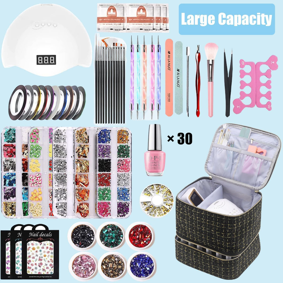 Nail Polish Organizer Holds 35 Bottles & Nail Lamp, Nail Organizers and Storage, Double Layer Nail Bag with Handle & Shoulder Strap for Travel, Nail Supplies Organizer for Manicure Kit (Black)