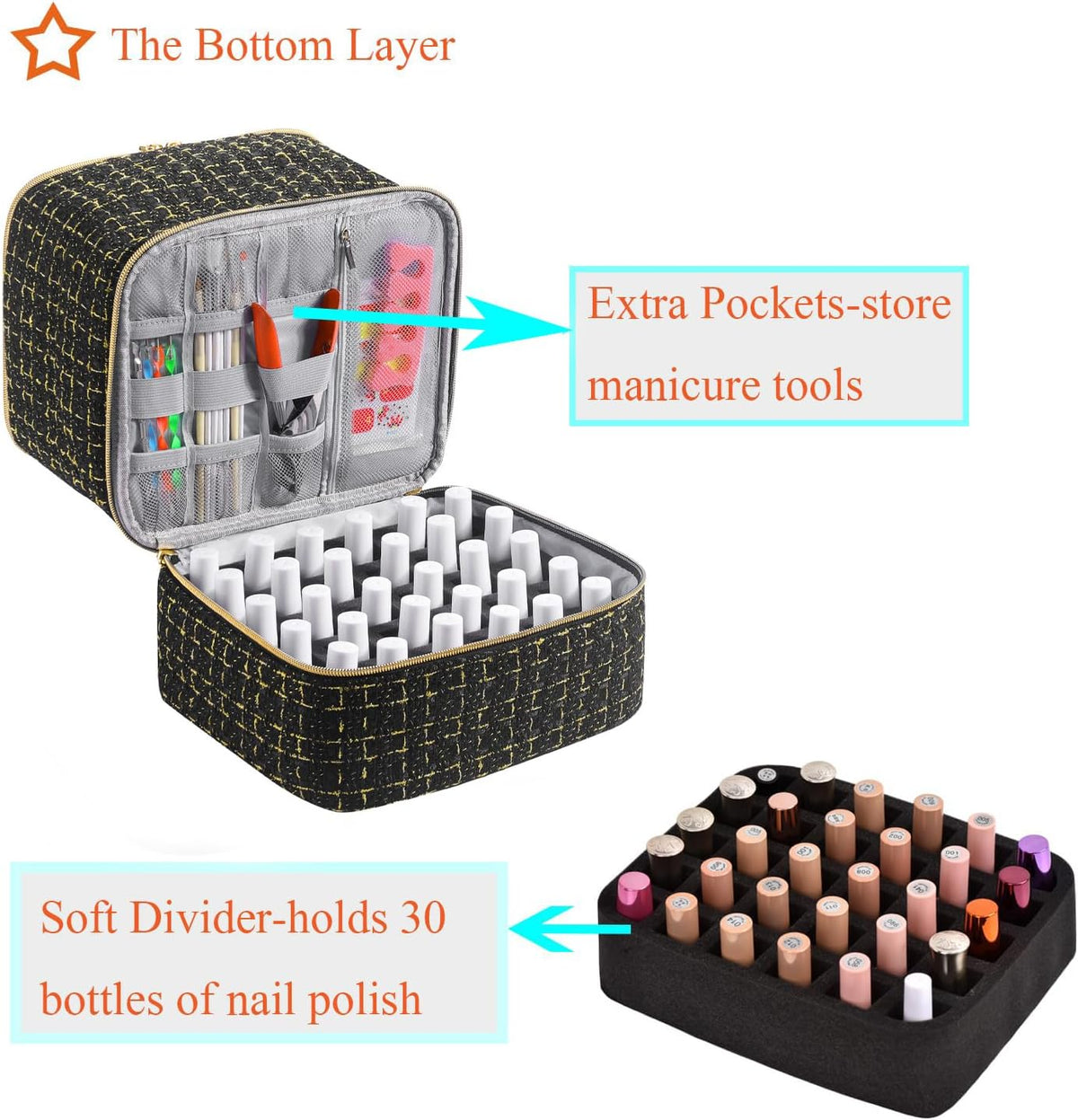 Nail Polish Organizer Holds 35 Bottles & Nail Lamp, Nail Organizers and Storage, Double Layer Nail Bag with Handle & Shoulder Strap for Travel, Nail Supplies Organizer for Manicure Kit (Black)