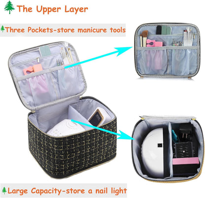 Nail Polish Organizer Holds 35 Bottles & Nail Lamp, Nail Organizers and Storage, Double Layer Nail Bag with Handle & Shoulder Strap for Travel, Nail Supplies Organizer for Manicure Kit (Black)