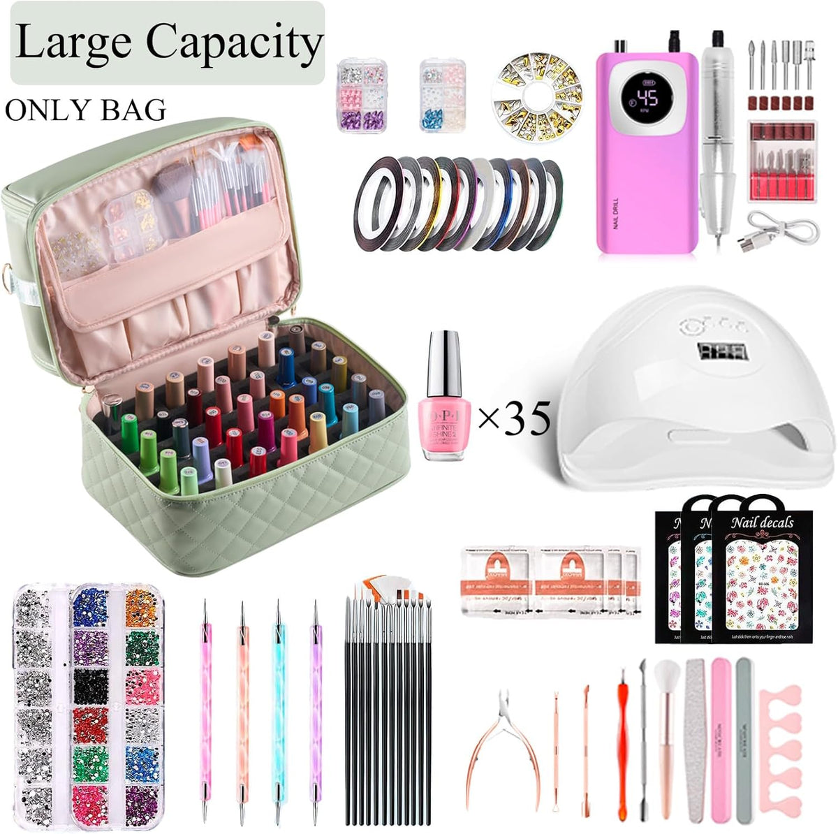 Nail Polish Organizer Holds 35 Bottles & Nail Lamp, Nail Organizers and Storage, Double Layer Nail Bag with Handle & Shoulder Strap for Travel, Nail Supplies Organizer for Manicure Kit (Black)