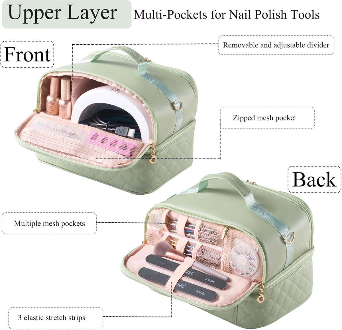 Nail Polish Organizer Holds 35 Bottles & Nail Lamp, Nail Organizers and Storage, Double Layer Nail Bag with Handle & Shoulder Strap for Travel, Nail Supplies Organizer for Manicure Kit (Black)