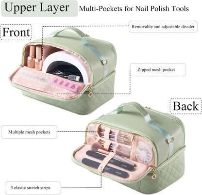 Nail Polish Organizer Holds 35 Bottles & Nail Lamp, Nail Organizers and Storage, Double Layer Nail Bag with Handle & Shoulder Strap for Travel, Nail Supplies Organizer for Manicure Kit (Black)