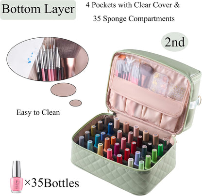 Nail Polish Organizer Holds 35 Bottles & Nail Lamp, Nail Organizers and Storage, Double Layer Nail Bag with Handle & Shoulder Strap for Travel, Nail Supplies Organizer for Manicure Kit (Black)