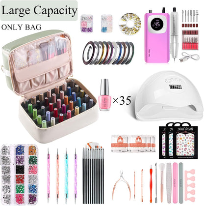 Nail Polish Organizer Holds 35 Bottles & Nail Lamp, Nail Organizers and Storage, Double Layer Nail Bag with Handle & Shoulder Strap for Travel, Nail Supplies Organizer for Manicure Kit (Black)
