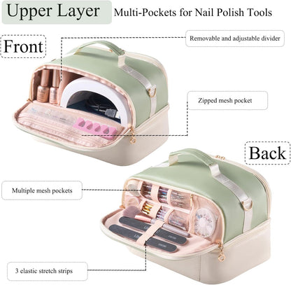 Nail Polish Organizer Holds 35 Bottles & Nail Lamp, Nail Organizers and Storage, Double Layer Nail Bag with Handle & Shoulder Strap for Travel, Nail Supplies Organizer for Manicure Kit (Black)