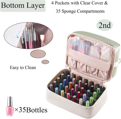 Nail Polish Organizer Holds 35 Bottles & Nail Lamp, Nail Organizers and Storage, Double Layer Nail Bag with Handle & Shoulder Strap for Travel, Nail Supplies Organizer for Manicure Kit (Black)