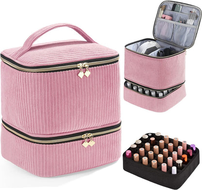 Nail Polish Organizer Holds 35 Bottles & Nail Lamp, Nail Organizers and Storage, Double Layer Nail Bag with Handle & Shoulder Strap for Travel, Nail Supplies Organizer for Manicure Kit (Black)