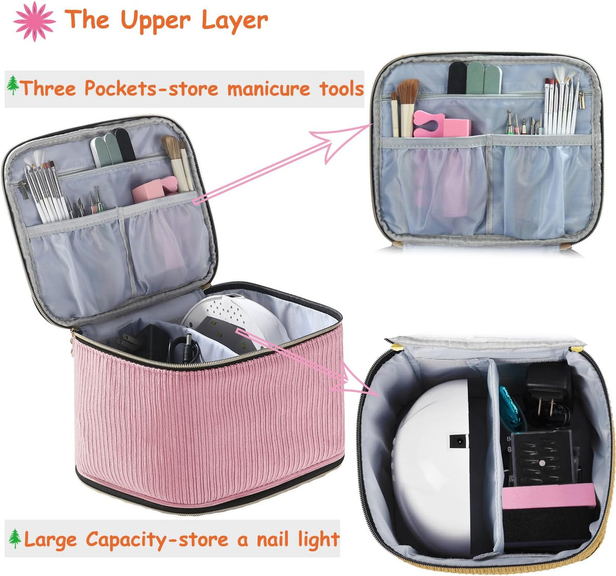 Nail Polish Organizer Holds 35 Bottles & Nail Lamp, Nail Organizers and Storage, Double Layer Nail Bag with Handle & Shoulder Strap for Travel, Nail Supplies Organizer for Manicure Kit (Black)