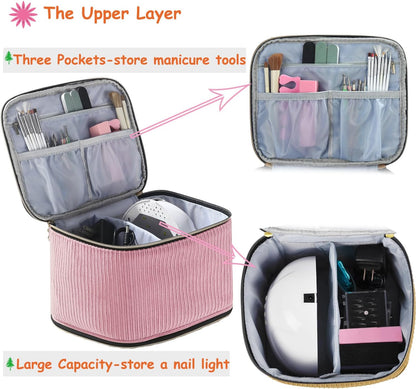 Nail Polish Organizer Holds 35 Bottles & Nail Lamp, Nail Organizers and Storage, Double Layer Nail Bag with Handle & Shoulder Strap for Travel, Nail Supplies Organizer for Manicure Kit (Black)