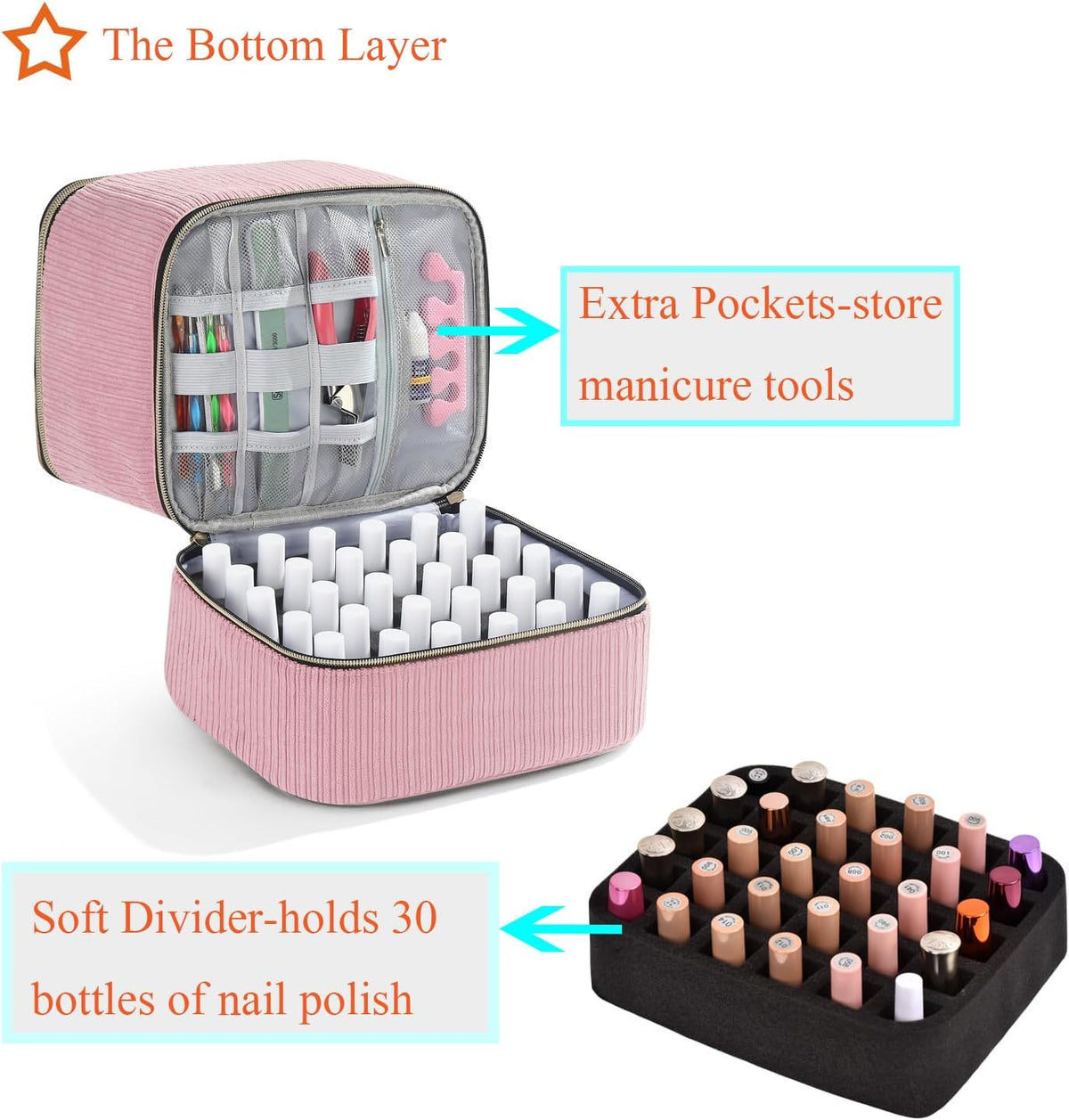 Nail Polish Organizer Holds 35 Bottles & Nail Lamp, Nail Organizers and Storage, Double Layer Nail Bag with Handle & Shoulder Strap for Travel, Nail Supplies Organizer for Manicure Kit (Black)