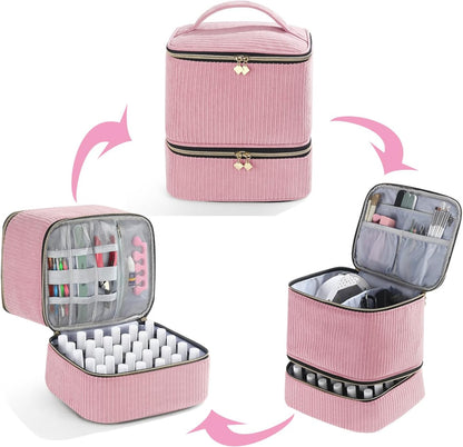 Nail Polish Organizer Holds 35 Bottles & Nail Lamp, Nail Organizers and Storage, Double Layer Nail Bag with Handle & Shoulder Strap for Travel, Nail Supplies Organizer for Manicure Kit (Black)
