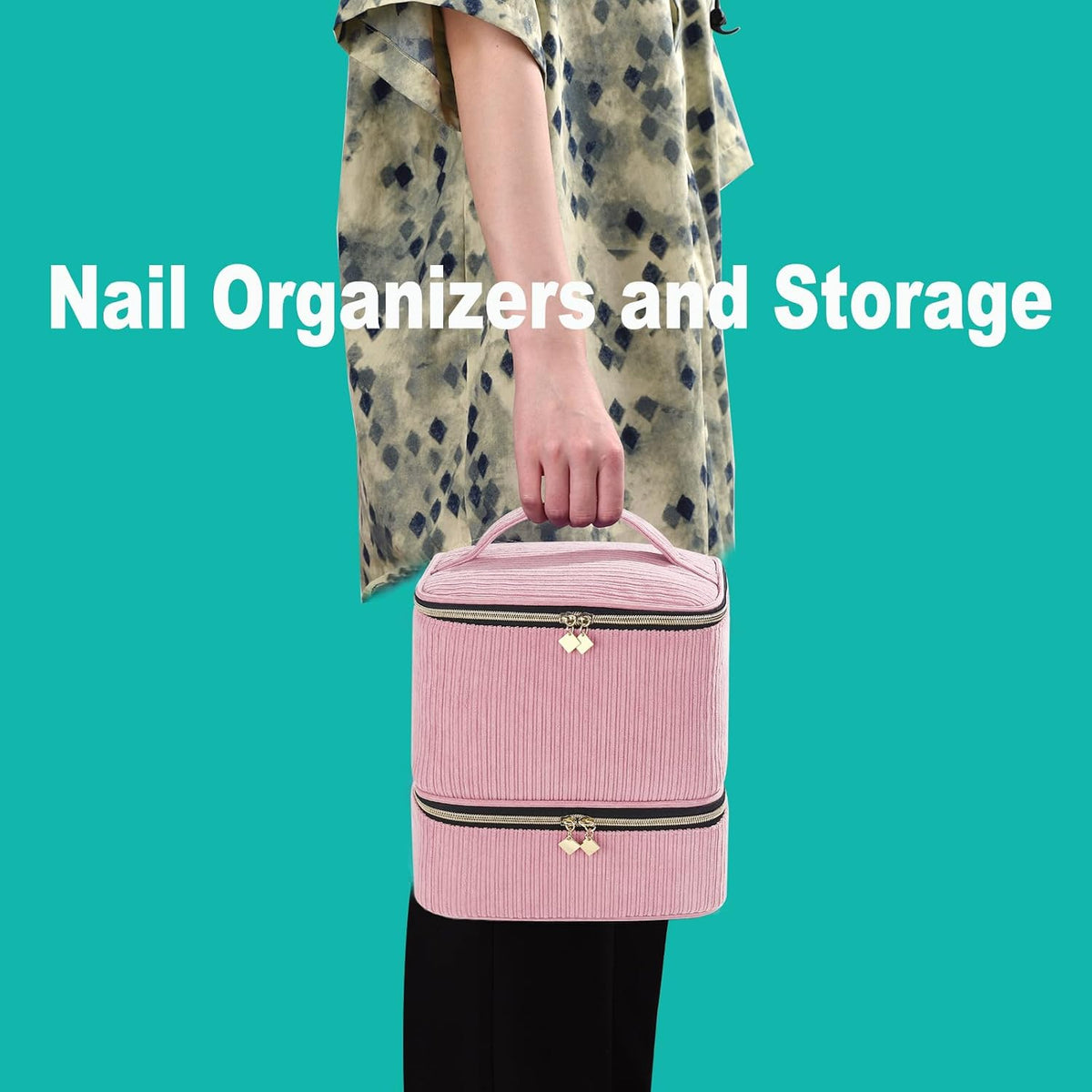 Nail Polish Organizer Holds 35 Bottles & Nail Lamp, Nail Organizers and Storage, Double Layer Nail Bag with Handle & Shoulder Strap for Travel, Nail Supplies Organizer for Manicure Kit (Black)