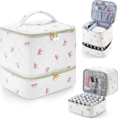 Nail Polish Organizer Holds 35 Bottles & Nail Lamp, Nail Organizers and Storage, Double Layer Nail Bag with Handle & Shoulder Strap for Travel, Nail Supplies Organizer for Manicure Kit (Black)